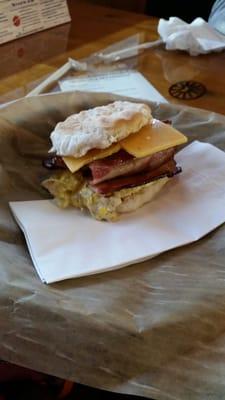 Bacon, egg and cheese biscuit.  This was LOADED with thick bacon!