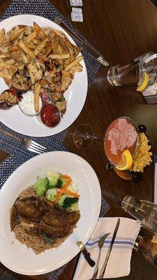 Chicken souvlaki, lamb shank, mangotini