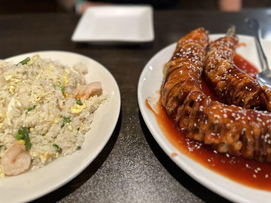 Shrimp fried rice and dragon eggplant (spiral cut, tempura fried eggplant with sweet and sour sauce)