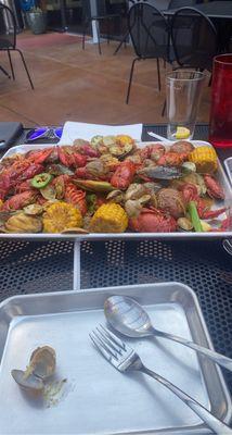 Crawfish, mussels, clams, corn, and potatoes