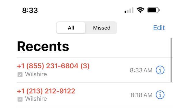 3 missed called in 15 minutes. 3 of them within 2 minutes of each other. 2 days late on a loan. 20+ calls a day.