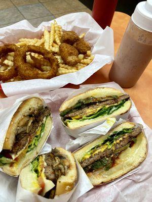 Mushroom burger and jalapeños burger. Regular fries, onion rings, and cheese popper sampler!