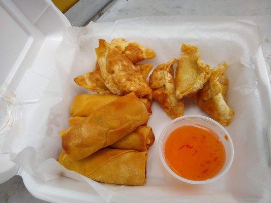 Vegetarian egg rolls and chicken potstickers