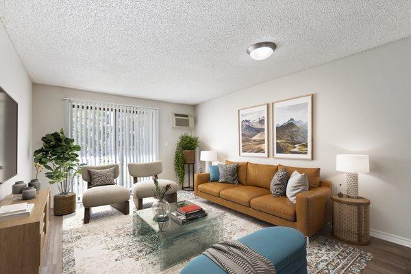 Living room with sliding glass doors for patio area