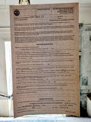 Fire Code Notice of Violation Posted on 7/27/24