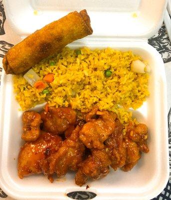 General tso's chicken lunch with fried rice and egg roll $7.14