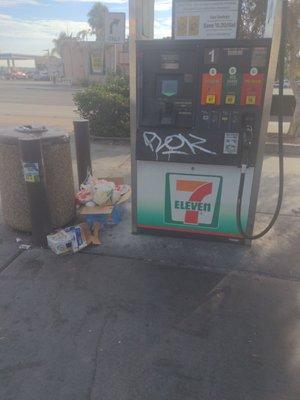 Graffiti and trash 7-Eleven is not even crowded inside