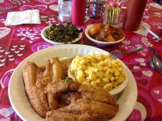 Fried Fish Dinner, Mac & Cheese, Collards & Yams. White bread on side not shown.