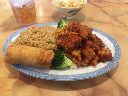 Great orange chicken, fried rice and egg roll!