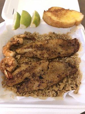 Blackened catfish, shrimp, and dirty rice - Delicious !!! What's missing ??? Utensils, a napkin, cocktail sauce !!!