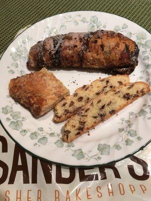 Chocolate babka, remains of cheese danish and two slices of Mandel bread.