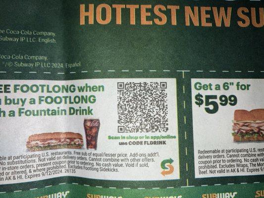 Any footlong sub for $5.99