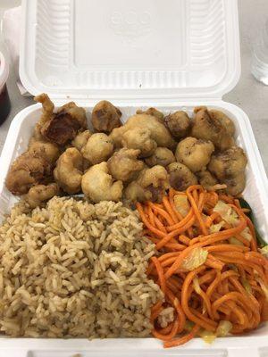 1 item Lunch combo.  Sweet and sour pork and 1/2 noodles and rice.  Sauce on the side. Pork is crispy.