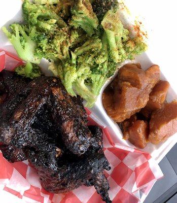 Jerk wings with broccoli and yams