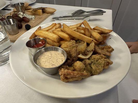 Southern fried shrimp with jalapeño tartar and fries