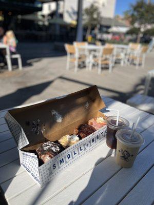 Donuts, iced vanilla latte, cold brew