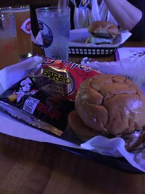 Mikes deluxe burger with Grippo's chips and a Blue Moon.