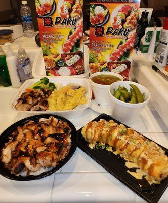 To-go order: Chicken Teriyaki bento box with mixed tempura, Miso soup, Edamame side order, Chicken Teriyaki bowl, and Philly Tempura Roll.