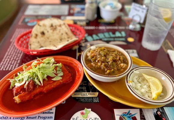 Green posole w/ homemade tortilla and tamale smothered in red. So awesome...