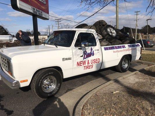 Buds Tire truck loaded down with quality used tires!