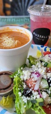 Greek salad and "bowl" of tomato bisque, and hibiscus tea which was delicious!