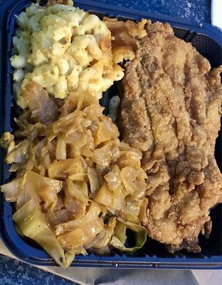 Fish with Mac and Cheese and Cabbage