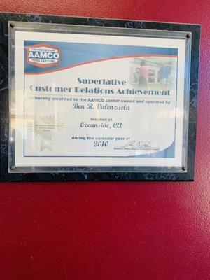 AAMCO Customer Relations Achievement Award to Ben R. Valenzuela in 2010.