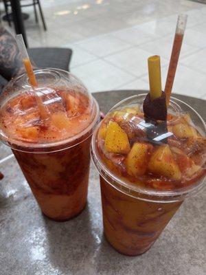 Cantaloupe with chamoy & tajin. Strawberry mangonada.