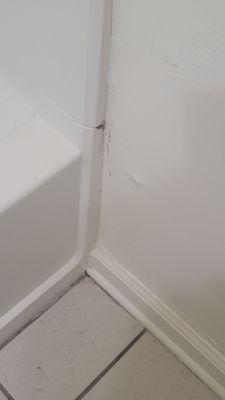 Cracked and damaged wall from the bathtub/shower, never fixed