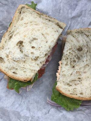 Weekly special- roasted red pepper crunch on herb bread- delicious