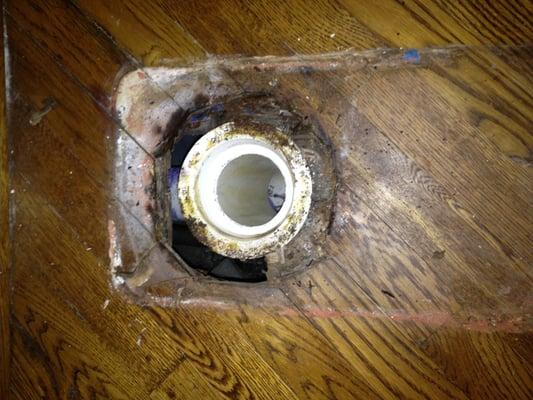 Customers toilet flange was rotted out and causing damage to wood floor.