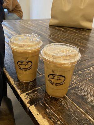 Iced vanilla latte and iced honey oat latte