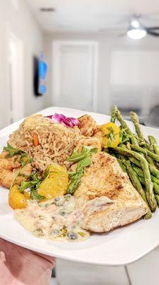 Grilled Mahi Mahi with Hawaiian Fried Rice and Asparagus