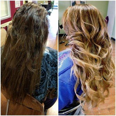 Color, bayalage highlights, cut, condition & style with biosilk shine.  Hair done by Twee.