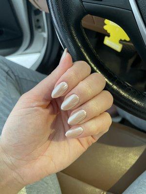 Gel color manicure (nude with chrome on top)