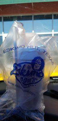 Alcoholic beverages to go are served in a sealed plastic bag. This is a medium drink. Drink responsibility!