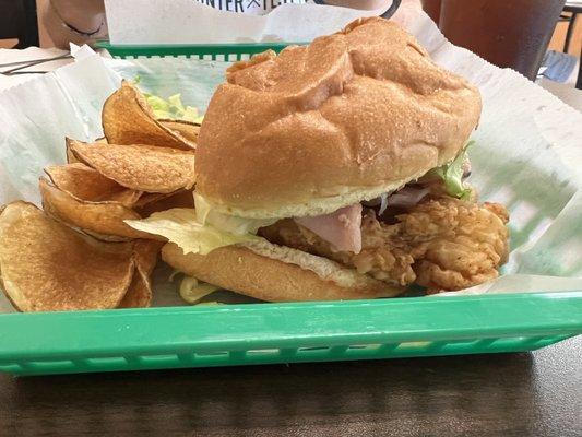 Chicken Cordon Bleu sandwich with homemade chips.