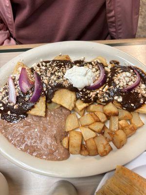 Chilaquiles rellenos de pollo en mole