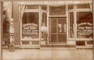 Charlie Klees in front of the original Jackson park Shop - 1930