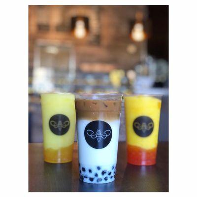 Tropical Icy w/ Mango Popping, Iced Hazelnut Latte w/ Boba & Mango Icy w/ Strawberry Popping