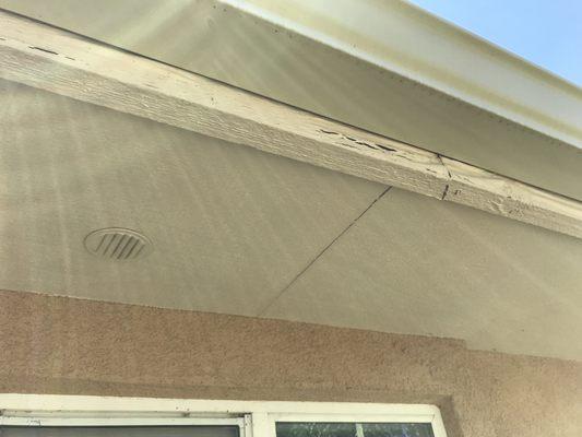 This is the damage caused by installing the gutters wrong. We now have to remove the gutters and repaint again.