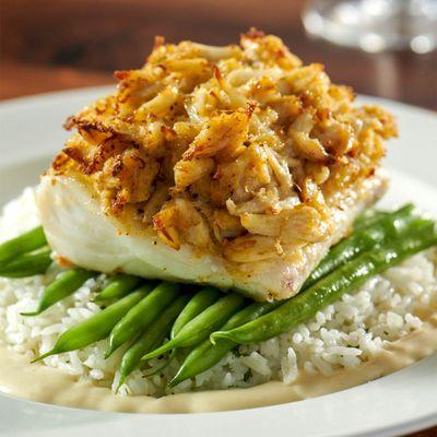 Crab Crusted Haddock: crab cake stuffing, lemon butter sauce, herbed jasmine rice, seasonal vegetable