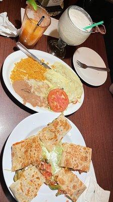 Veggie Quesadilla, Veggie Enchiladas with green creamy sauce