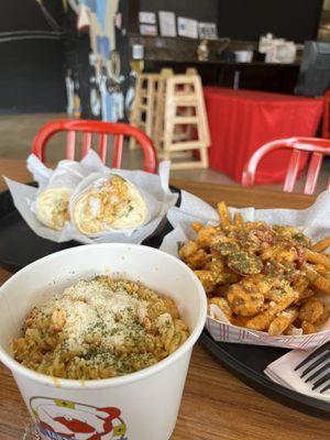 Shrimp Poboy, French quarter fries, Crawfish Pasta