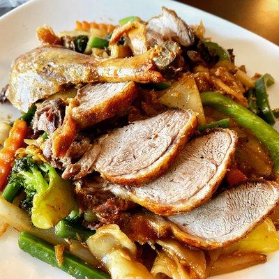 Crispy Duck over Drunken Noodles