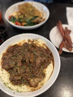 Oxtail & Grits, Cat Fish & Grits, and a side of bacon.