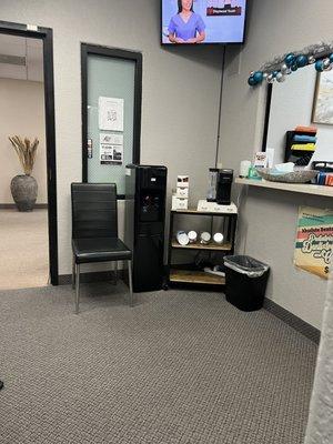 Coffee station in the very small waiting room.