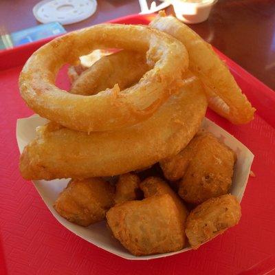 Fish and English chips (they give you a couple onion rings on top)