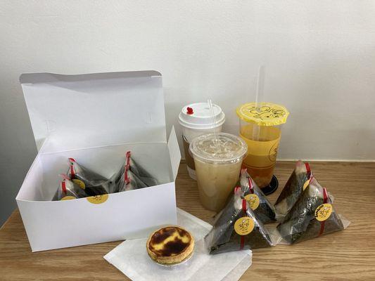 Onigiri, lychee tea, egg tart, coffee