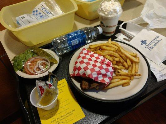 Porter Culinary Room Service hamburger, fries and vanilla milkshake.